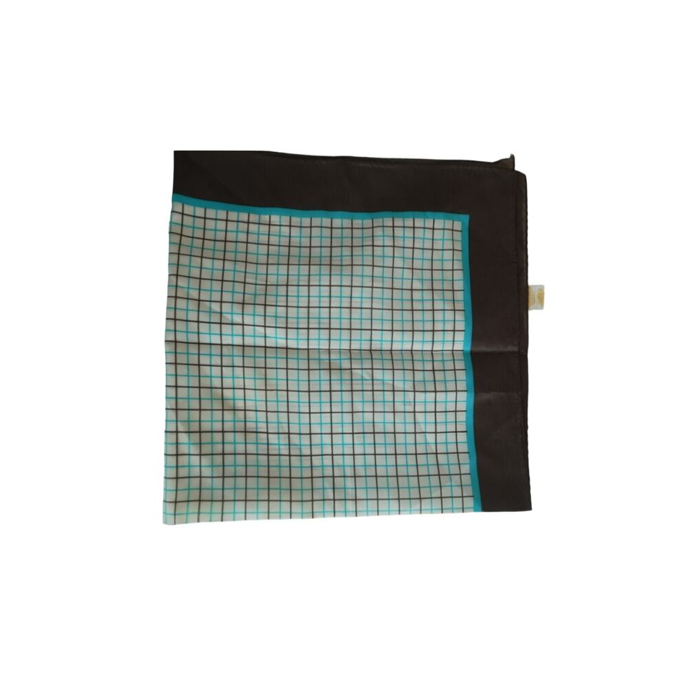 Vintage Glentex Square Scarf Brown Turquoise Grid Check Polyester Japan 27x27